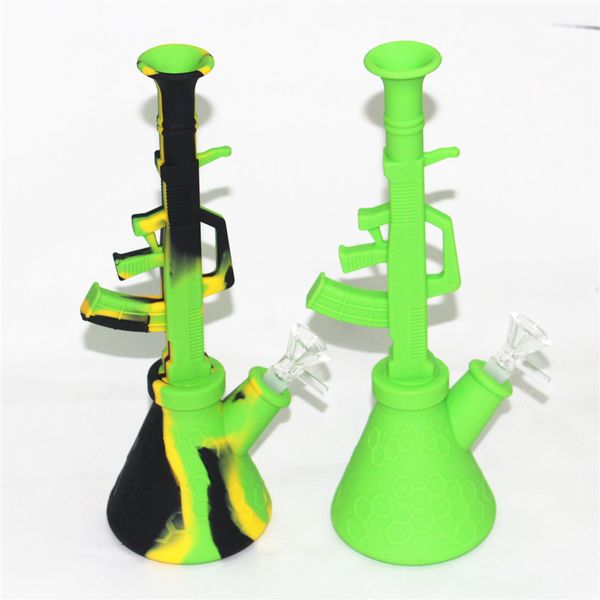 Forma de arma de cachimana AK47 Forma de silicone Nectar Kit de coletor de néctar concentrado com tubulação de água de fumo com tigela grossa Bacia de alma de silicone de palha