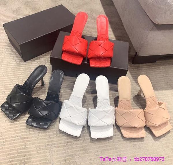 

ladies high heels lido woven leather mules open square toe stiletto heel shoes slip-on style summer women fashion slide sandal, Black