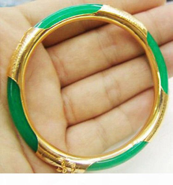 

emerald green jade yellow gold plated clasp bangle bracelet, Black