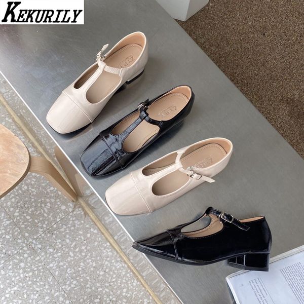 

buckle mary jane shoes for women chunky heels loafers square toe t-strap pump patent leather slides fashion zapatos de mujer, Black