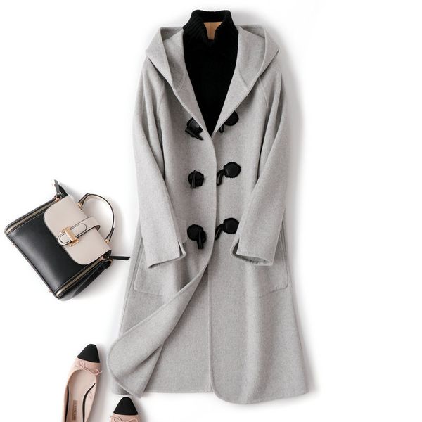 

100% gray wool horn button double sided cashmere coat women's long korean double sided woolen coat in autumn and winter 2020, Black