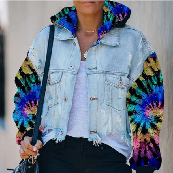 

womens denim jacket fashion contrast color panelled jackets 2020 new arrival women autumns casual jacket clothing with hat, Black;brown