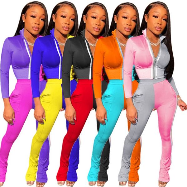 

women panelled fall casual clothing jacket leggings 2 piece set tracksuit crop s2xl outerwearpants cardigan sports suit capris 3688, White