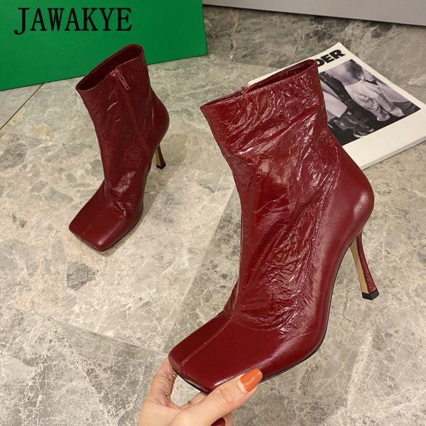 

simple pleated leather runway bootie woman square toe thin high heel brand short boots side zip party dress botas feminino, Black