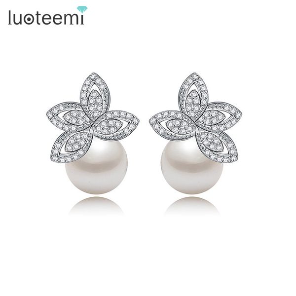 

luoteemi whoesale women luxury clear cubic zircon paved pearl earrings for brides wedding party jewelry, Golden;silver