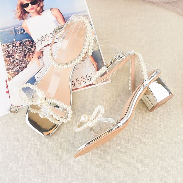 

sandals 2021 summer buckle strap lady wedding shoes high heels silver fashion pearl bow block heel woman fairy style, Black