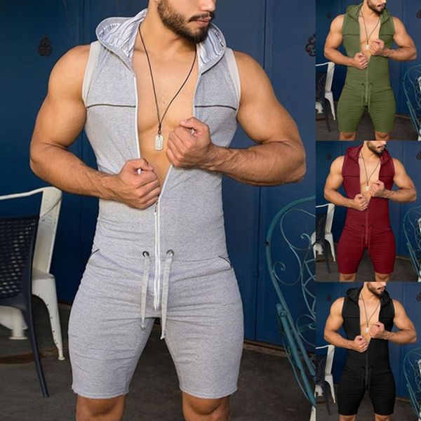 

men's jumpsuit one piece tight fitness bodysuit playsuit summer men zipper sleeveless hooded rompers pants with pockets joggers, Black