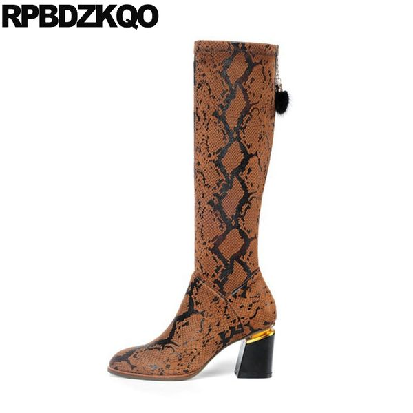 

short black high heel snake chunky autumn women boots winter 2020 luxury snakeskin block shoes fur round toe brown european knee