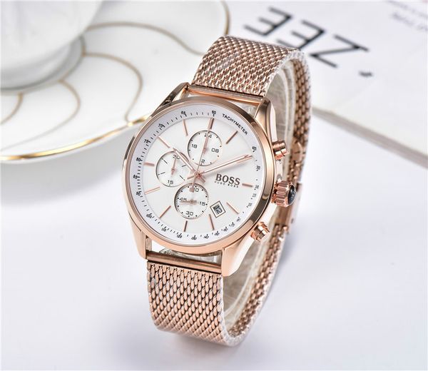 

full-featured six-pin 40mm quartz men watches mesh steel belt men classic calendar watch fashion simple business watch full dial work, Slivery;brown