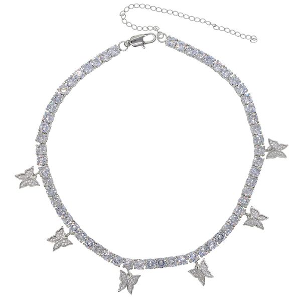 

hot selling women hip hop chokers chain butterfly necklace iced out tennis chain micro pave bling pink clear cz punk animal necklace
