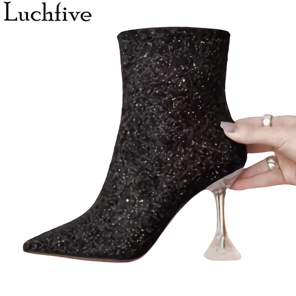 

2020 блестки женщины boots clear бокаловидные каблуки сапоги femme sexy кружевные toe обувь женщина черный кожаный botas mujer, Black
