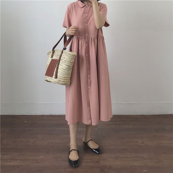 

summer women solid color collar short-sleeved dress casual loose dress vestidos, Black;gray