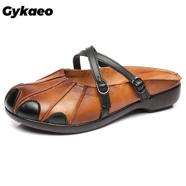 

gykaeo outdoor handmade retro women slippers soft mules flat heels summer shoes genuine leather lazy shoes for women slippers, Black