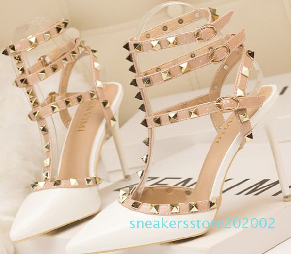 

2020 fashion new lady 10cm stiletto heels patent leather metal studs hollow roman fashion sandals drop shipping s02, Black