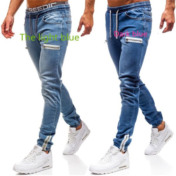 

3 styles men stretchy skinny biker slim fit denim men multi-pocket zipper pencil pants men casual jeans fashion casual trousers, Blue
