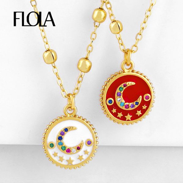 

flola gold coin necklaces women crystal star pendant necklaces moon cz necklace rainbow zircon statement fashion jewelry nkep92, Silver