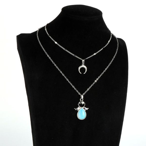 

fashion women multi layer natural stone angel moon pendant choker necklace opal pink crystal pendants chain necklace collier, Silver