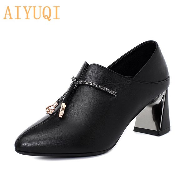 

aiyuqi women shoes high heels 2020 autumn pointed toe fashion ladies shoes genuine leather shiny ladies office, Black