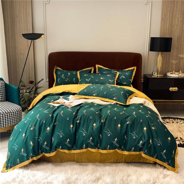 

4pcs silky egyptian cotton bedding set  size green duvet cover pillowcases skier full print yellow bed sheet double linen