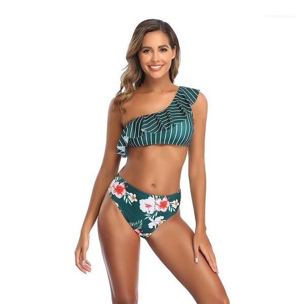 

dry one shoulder backless womens designer swimwear fashion print striped ruffle bikini 2pcs swimsuit quick, White;black