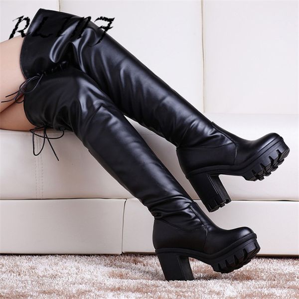 

rlinf new knight waterproof platform high tube thick high heel warm lacing female long boots, Black