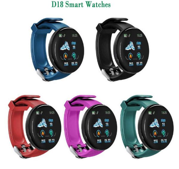 Schermo a colori D18 Braccialetti intelligenti Braccialetti Smartwatch rotondi Pressione sanguigna IP65 Impermeabile Sport Fitness Tracker Monitoraggio della frequenza cardiaca Orologio da donna per uomo