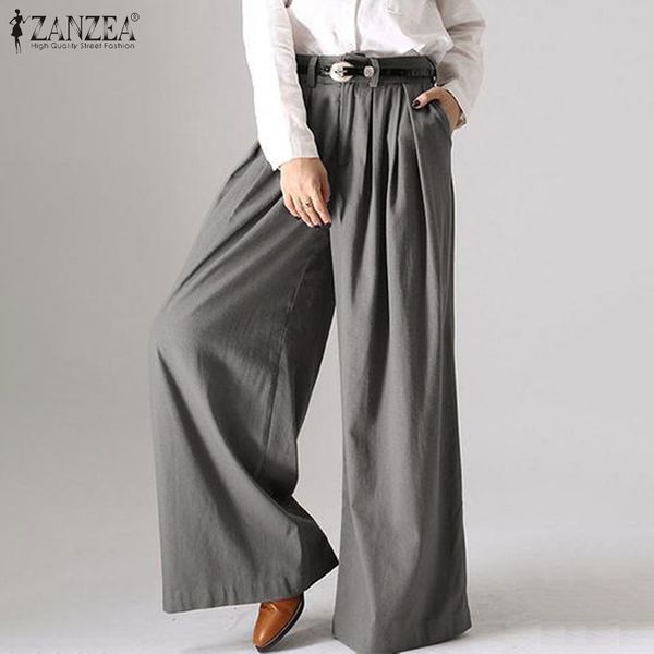 

zanzea 2020 fashion wide leg pants women casual cotton long trousers office ladies solid loose pockets bottoms female streetwear, Black;white