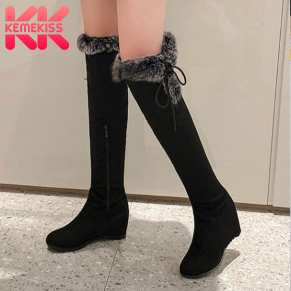 

kemekiss women over knee boots fashion zipper cross strap wedges winter shoes woman warm fur long boot daily footwear size 34-43, Black