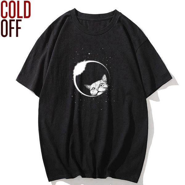 

cold off 100% хлопок луны кота печать мужчины майка остудить свободно кошачьи мужчины тенниски летние свободные футболки мужчин футболки топ