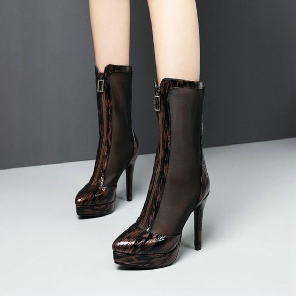 

sianie tianie 2020 new air mesh net women's high heels platform mid-calf boots zipper front woman summer boots plus size 10, Black