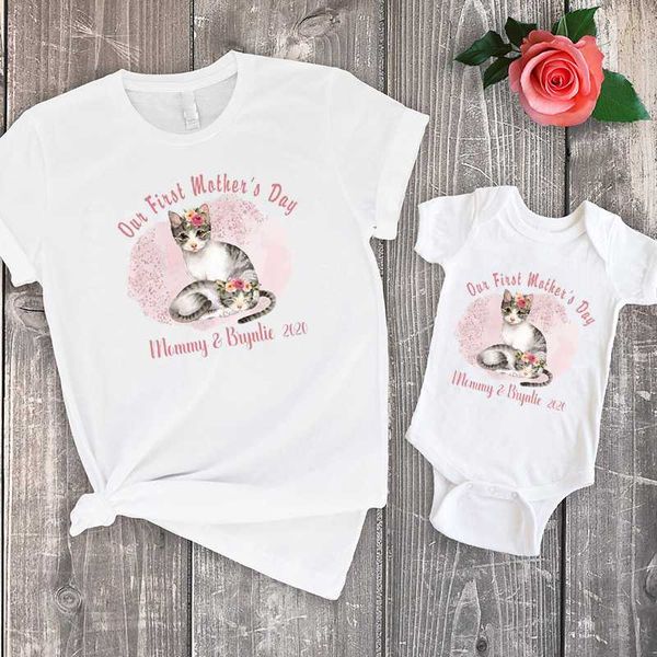 

first mother's day 2020 family clothing mother's day matching shirts casual print cotton mom and baby cats sets, Blue