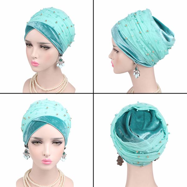 

1pc velvet muslim turban women/girls imitation pearls cap solid color elastic india cap bandanas headwear fashion elegant, Blue;gray