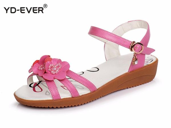 

genuine leather women sandals summer flower ankle wrap flat sandals fashion ladies footwear shoes large size 33-43, Black