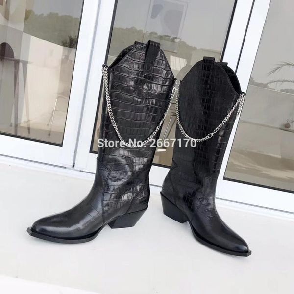 

2020 mujer vintage cowboy knee high boots crocodile pattern chains boots pointed toe chunky low heels motorcycle, Black