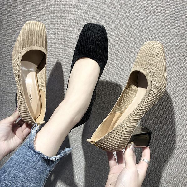 

fashion high heels woman work shoes women shallow pumps square toe knitting footware for female block heel slip on black khaki