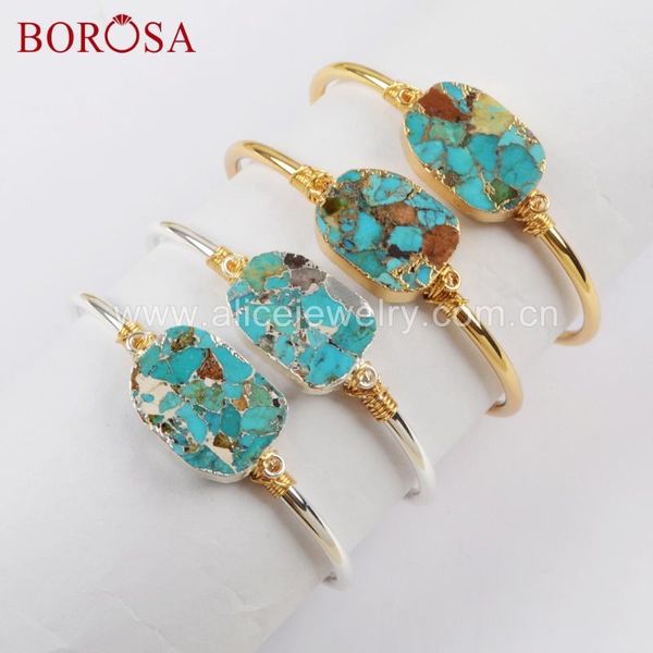 

borosa 5pcs 24k gold plated wire wrap natural copper turquoises bangle natural blue howlites silver color bangle jewelry g1660, Black