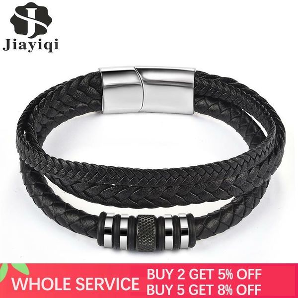 

jiayiqi fashion male jewelry bracelet multilayer braid leather rope chain stainless steel magnetic clasp wristband male jewelry, Golden;silver