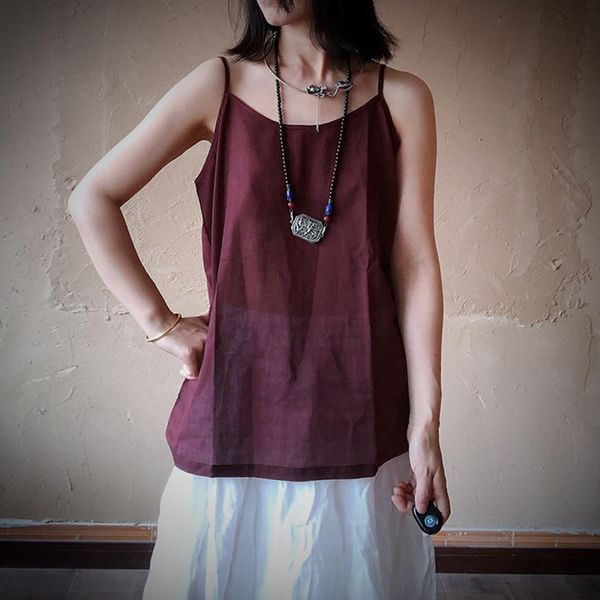 

qpfjqd 2020 summer chinese style ladies clothes casual retro camis o neck women slings solid color, White