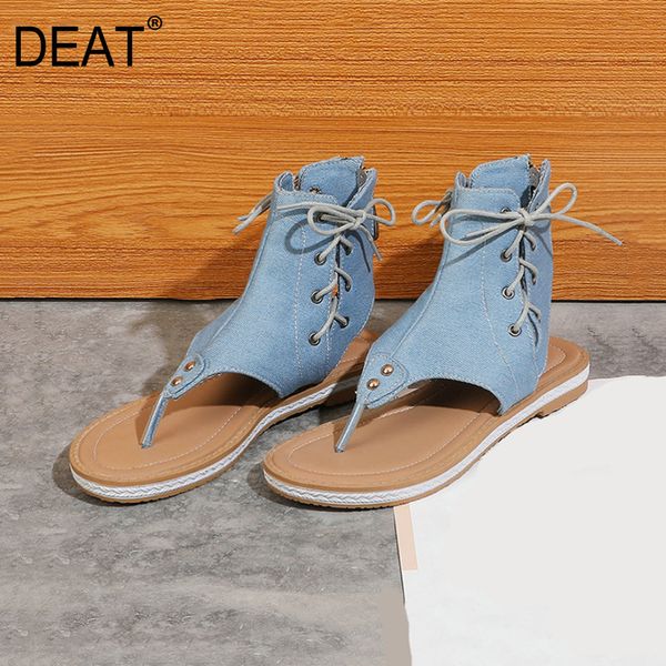 

deat] 2020 new spring summer round toe split toes denim lace-up western style flat sandals for women shoes fashion tide 10h845, Black