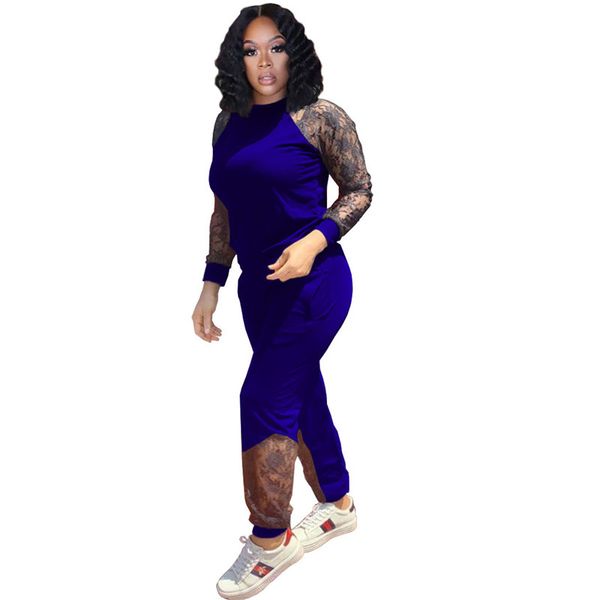 

fashion womens soild color tracksuits casual lace designer womens two piecec set crew neck panelled suits, Gray