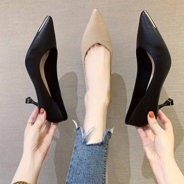 

dress shoes eoeodoit 7 cm french style heels women leather pumps thin heel pointed toe soft office lady work party, Black