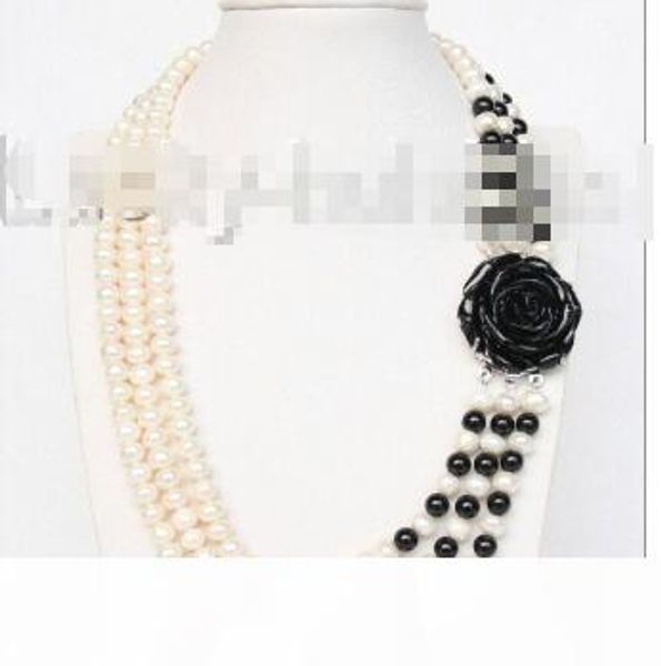 

new style >>>>>17"-20" 8mm 3row round white freshwater pearls black stone necklac, Silver
