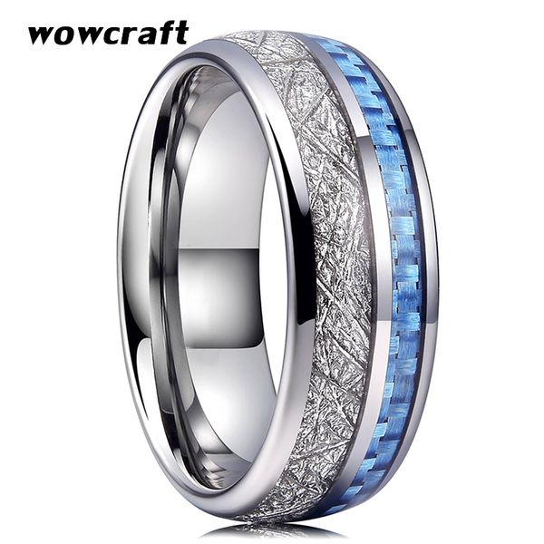 

8mm tungsten carbide ring for men women wedding band light blue carbon fiber meteorite inlay polished shiny comfort fit, Golden;silver