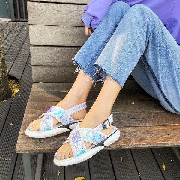 

big size high heels sandals women shoes woman summer ladies heavy-soled buckled sandal sequins, Black