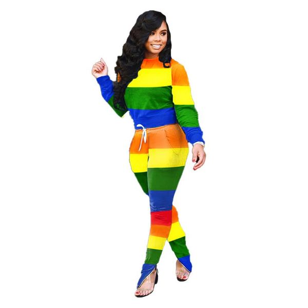 

fashion 2020 women street hip hop style sets long sleeve round neck elastic long pants striped two piece sets, Gray