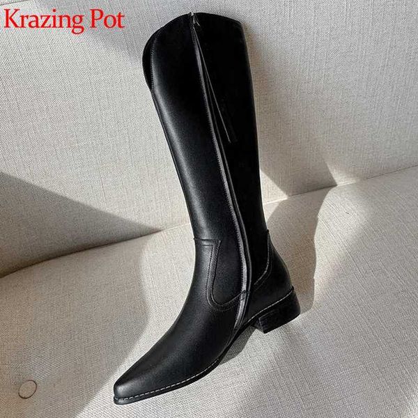 

krazing pot cow leather pointed toe keep warm knee-high-boots street show low heel brand party handsome thigh high boots l6f1, Black