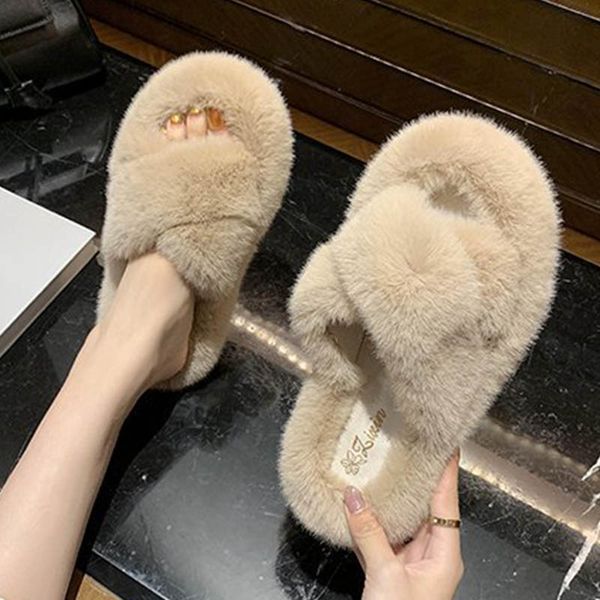 

slippers cross band warm fur women sandals cozy velvet pantufa shoes furry flip flops comfortable plush flat slides 2021, Black