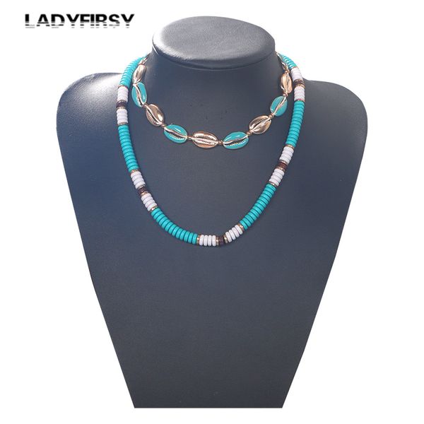 

chokers ladyfirsy bohemia vintage ethnic charm metal shell double necklace statement trendy pearl clavicle choker party jewelry gift, Golden;silver