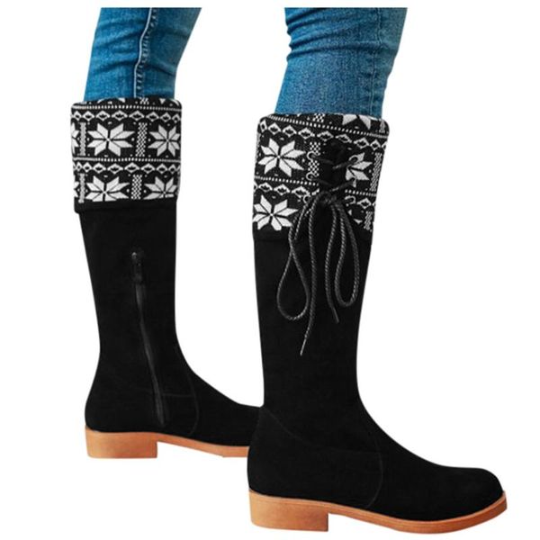 

sagace shoes snow boots for women national style retro round toe zipper long boots women square heels big size 35-43, Black