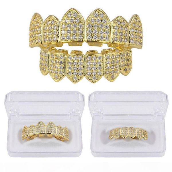 

hip hop copper teethgrillz set micro paved cubic zircon & bottom teeth grillz drop shipping k5200, Black